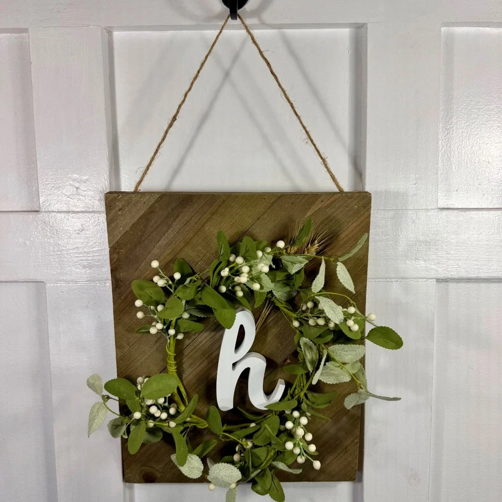 Rustic Handmade Wood Wall Plaque Monogram Letter H Faux Greenery Wreath